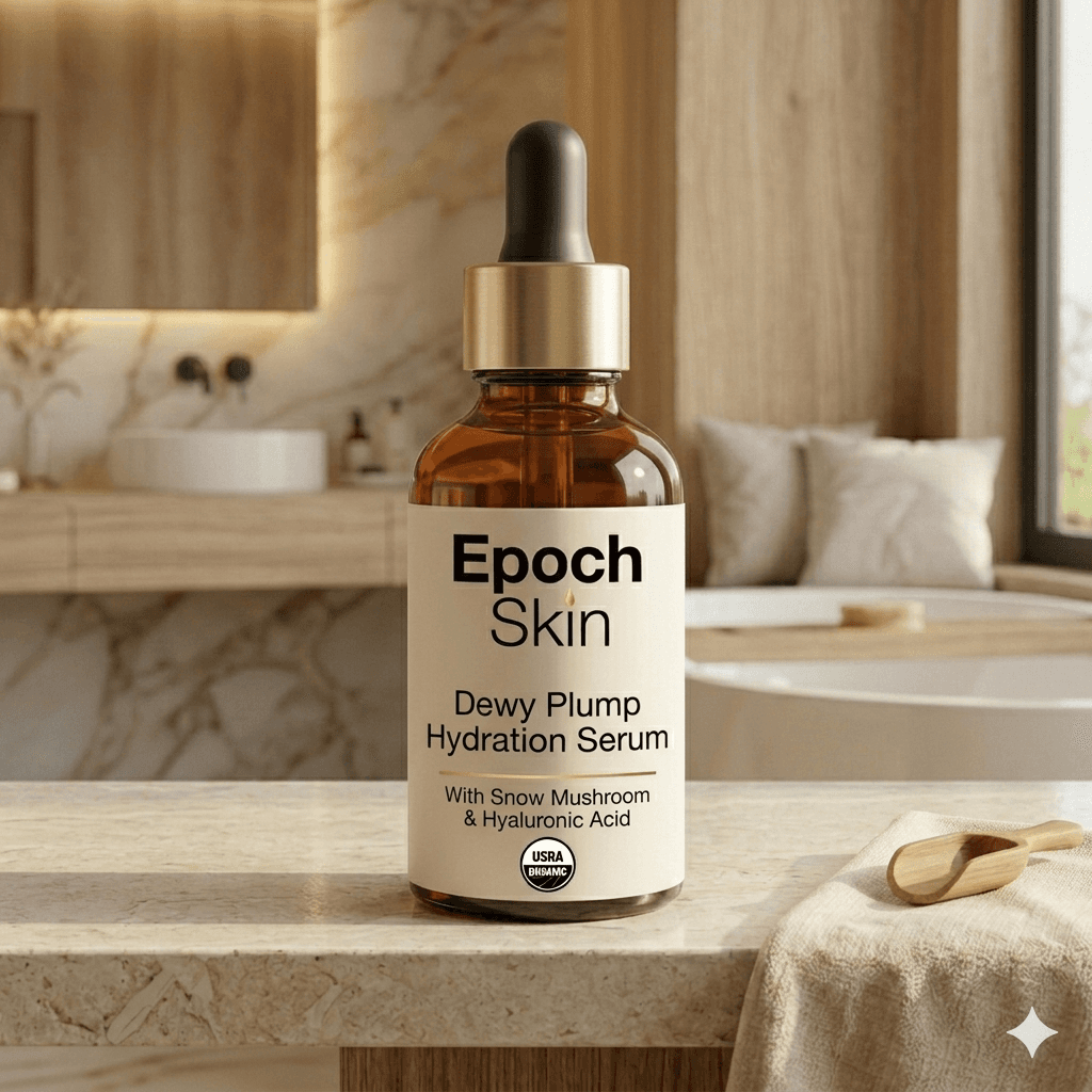 Epoch Skin Organic Dewy Plump Hydration Serum - 30ml amber dropper bottle with snow mushroom and beta-glucan