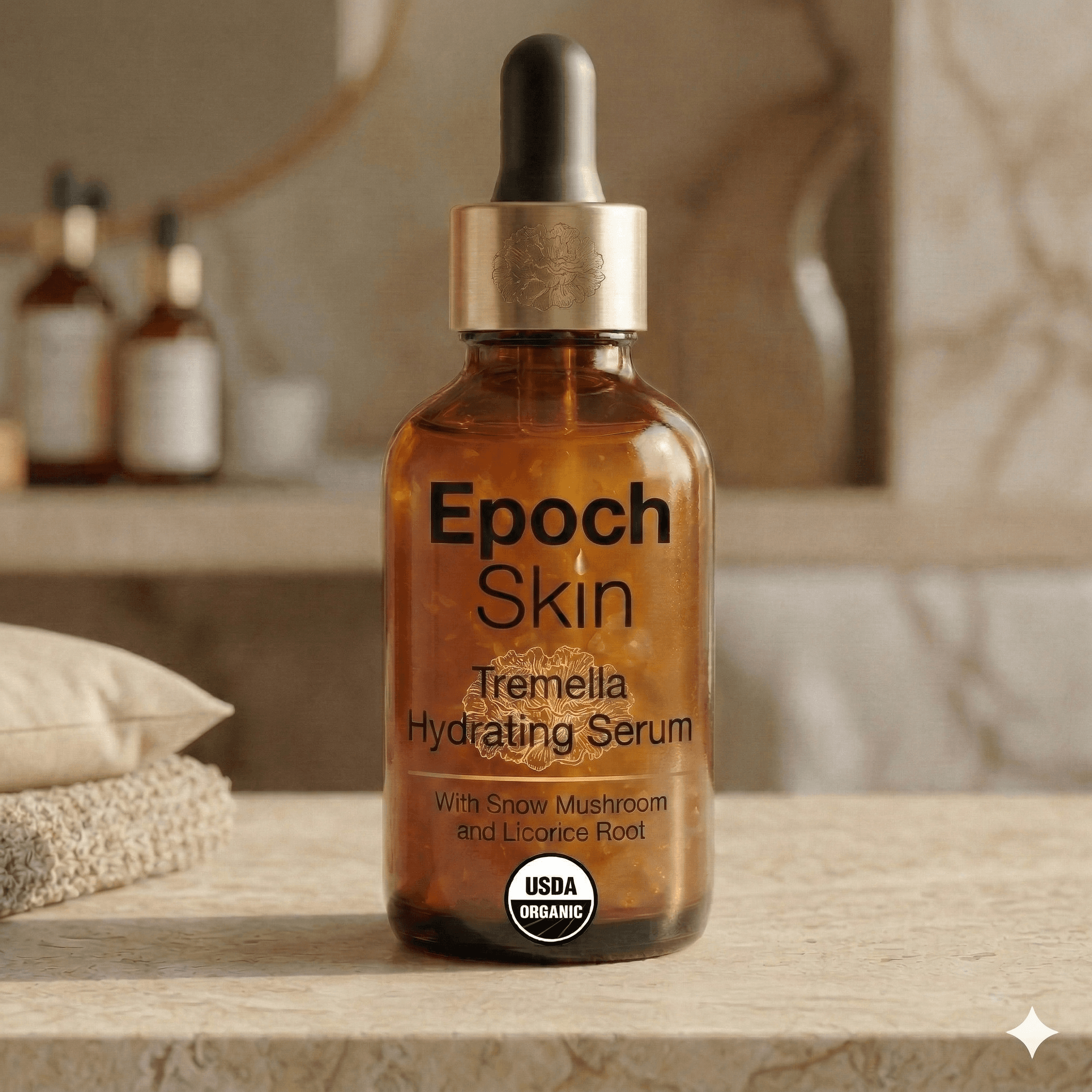 Epoch Skin Organic Snow Mushroom Hydrating Serum - 30ml amber glass bottle with dropper containing tremella fuciformis and hyaluronic acid