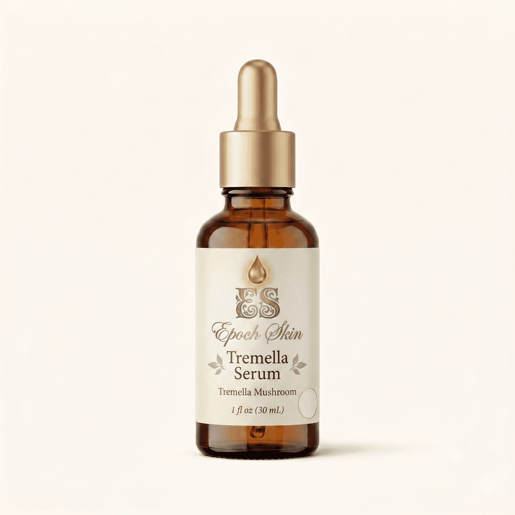 Epoch Skin Organic Snow Mushroom Hydrating Serum - 30ml amber glass bottle with dropper containing tremella fuciformis and hyaluronic acid